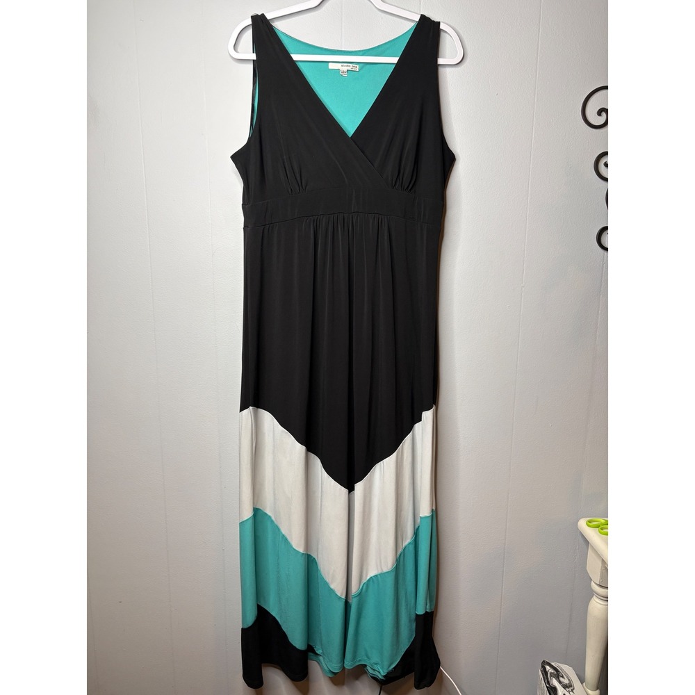 Studio One New York‎ Womens Black Teal Chevron Colorblock Maxi Dress Large L